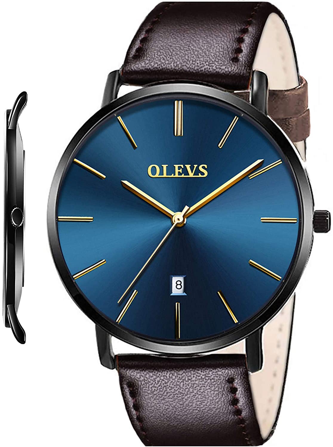 OLVPro™ Men's Ultra Thin Leather Dress Watch - Big Face, Analog, Minimalist, Quartz Wristwatches OLVPro™ DkBrown/Black/Blue 