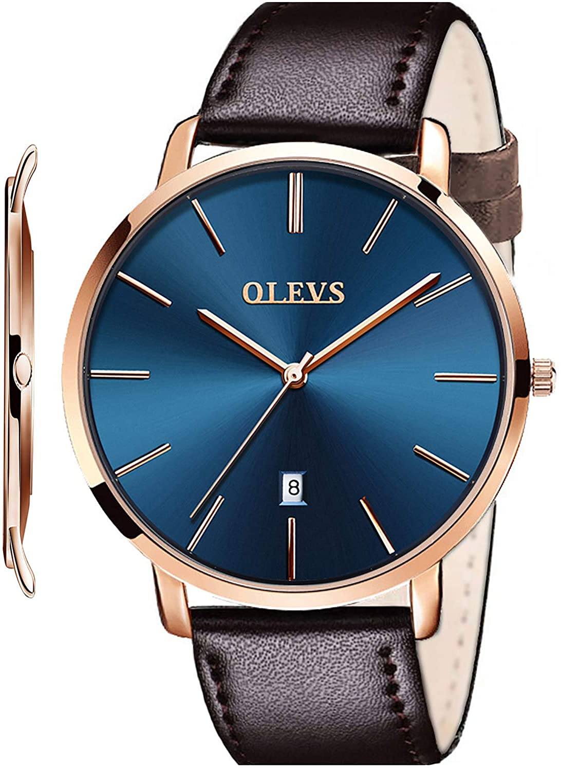 OLVPro™ Men's Ultra Thin Leather Dress Watch - Big Face, Analog, Minimalist, Quartz Wristwatches OLVPro™ DkBrown/Gold/Blue 