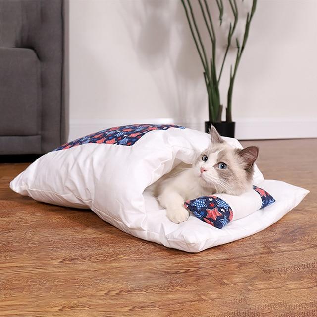 PETLAVISH™ Burrow Calming Cat/Puppy Sleeping Bag - Cozy Plush Kennel w/ Pillow Pet Bed PETLAVISH™ Fashion Blue-Red Small (45x30cm) 