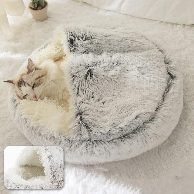 PETLAVISH™ Burrow Calming Cave Cat/Dog Bed S-XL: Cozy Plush Sleeping Kennel Pet Bed PETLAVISH™ Grey Long Plush Small (14in) 