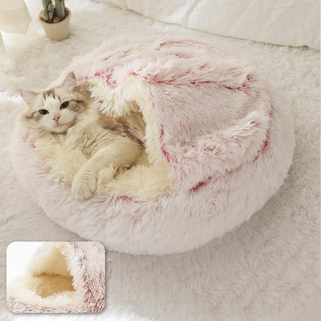 PETLAVISH™ Burrow Calming Cave Cat/Dog Bed S-XL: Cozy Plush Sleeping Kennel Pet Bed PETLAVISH™ Pink Long Plush Small (14in) 