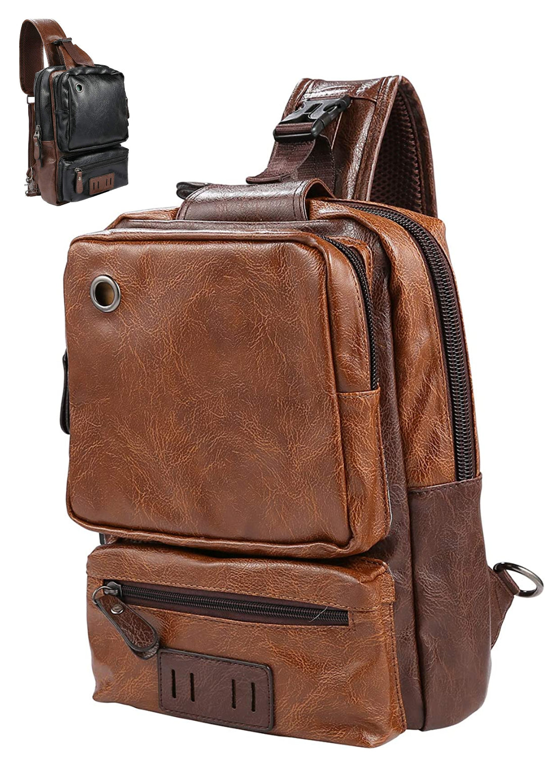 QCXPRO™ Men's Crossbody Sling Chest Bag - Faux Leather, iPad Tablet, USB Shoulder Bag sling chest bag QCXPRO™ Brown 