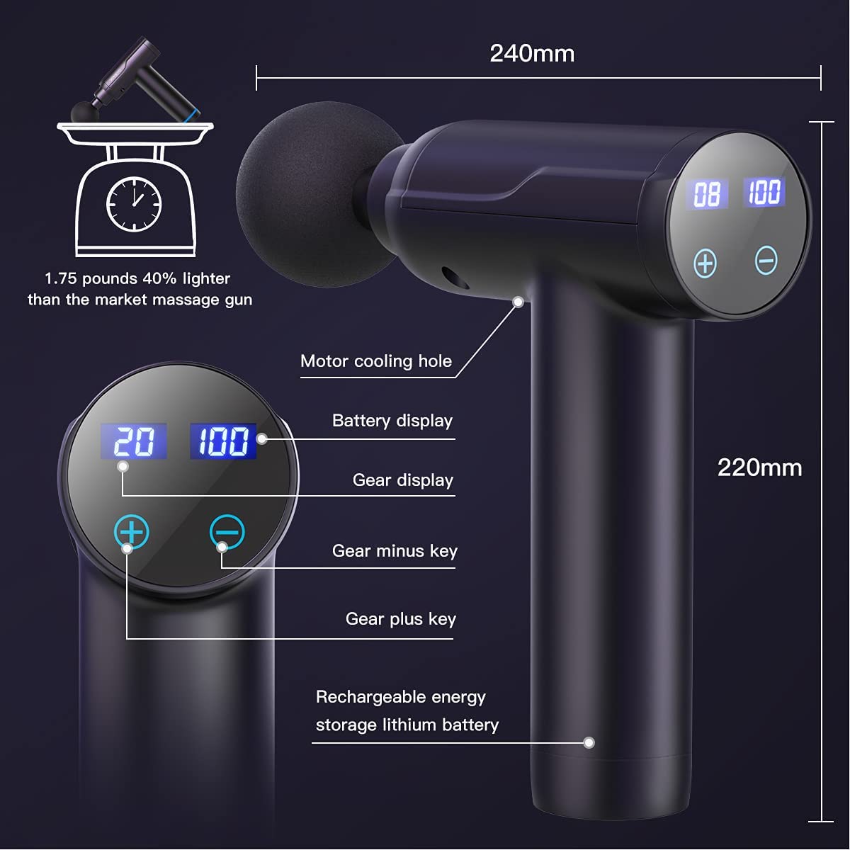 RXSCI™ 20 Speed Deep Tissue Massage Gun - Handheld Rechargeable Percussion Massager - 6 Heads massage gun RXSCI™ 