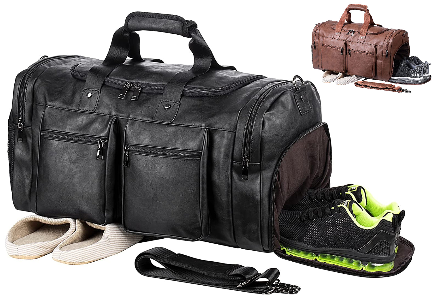 SFFashion™ 52L Leather Weekender Duffel Bag w/ Shoe Compartment