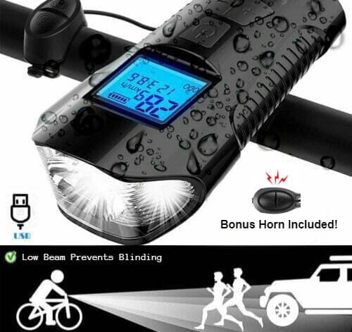 SMAXElite™ LED Rechargeable Bicycle Headlight + Odometer/Speedometer Set: Front/Rear/Horn bike led SMAXElite™ 