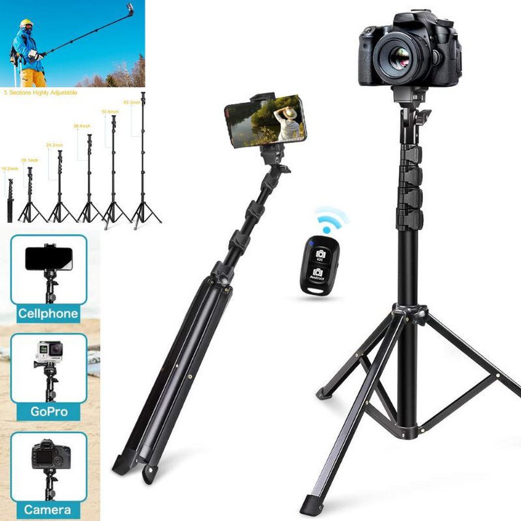 UBeesize Selfie Stick Tripod, 62 Extendable Tripod Stand with Bluetooth  Remote for Cell Phones, Heavy Duty Aluminum, Lightweight