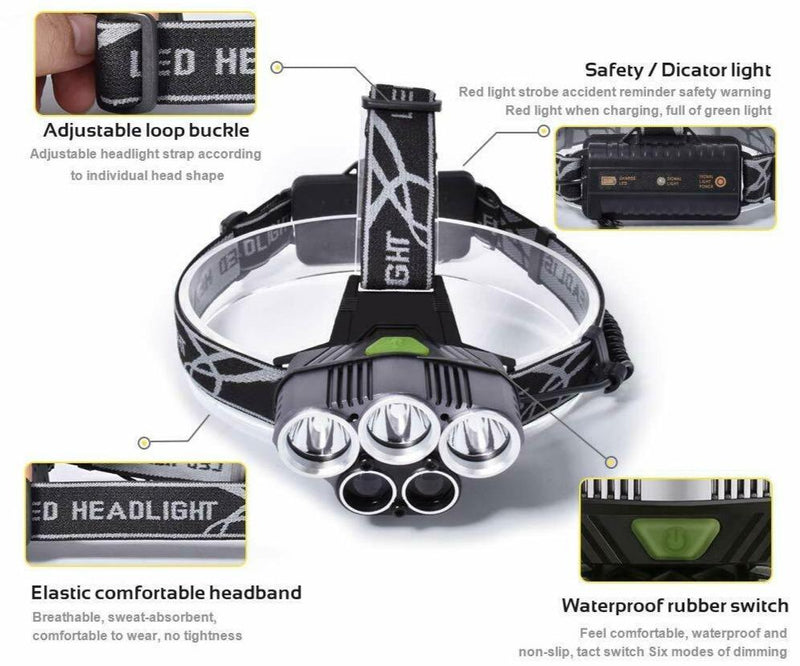 SMAXLuminate™ Mega-Bright 5 LED Headlamp: Rechargeable Waterproof Head Light Torch 250000LM led headlamp SMAXLuminate™ 