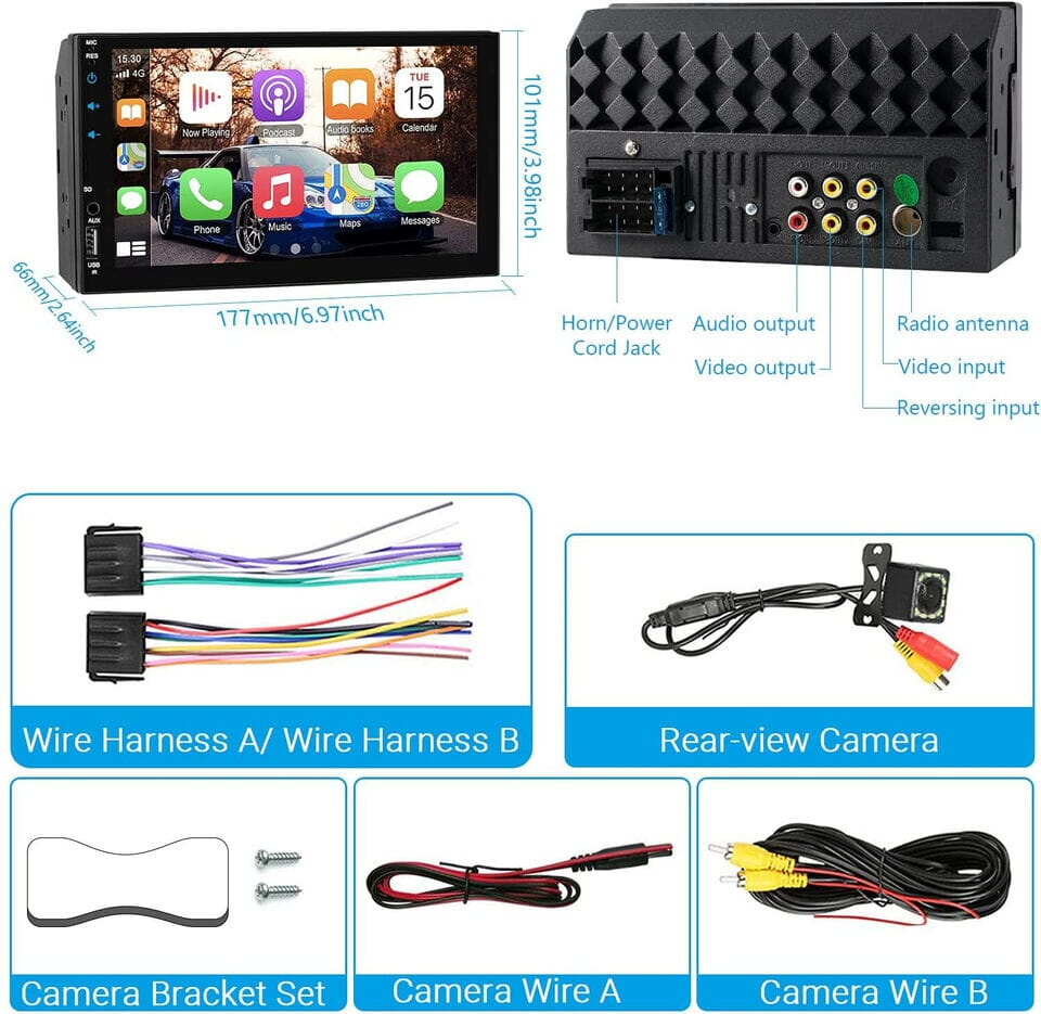 SMAXPro™ 7" CarPlay/Android Stereo Receiver + Rearview Camera: 2 Din Multimedia, HD Touchscreen car stereo SMAXPro™ 
