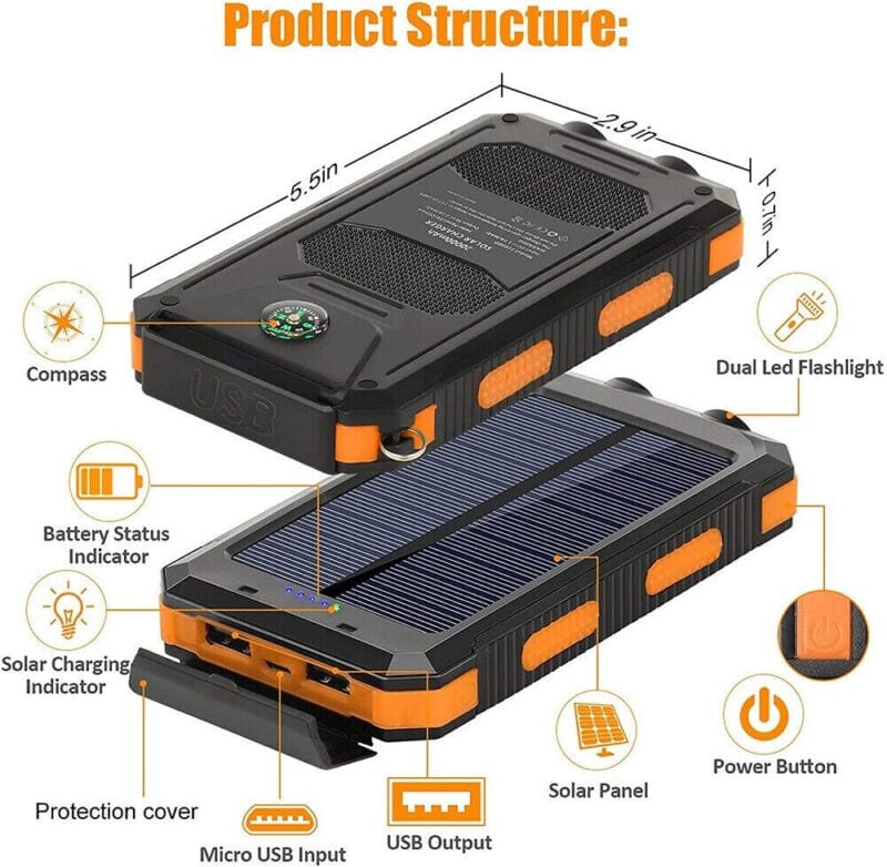 SMAXPro™ Portable Solar Power Bank: 10000mAH, USB Ports, Compass, Cell Phone Charger power bank SMAXPro™ 