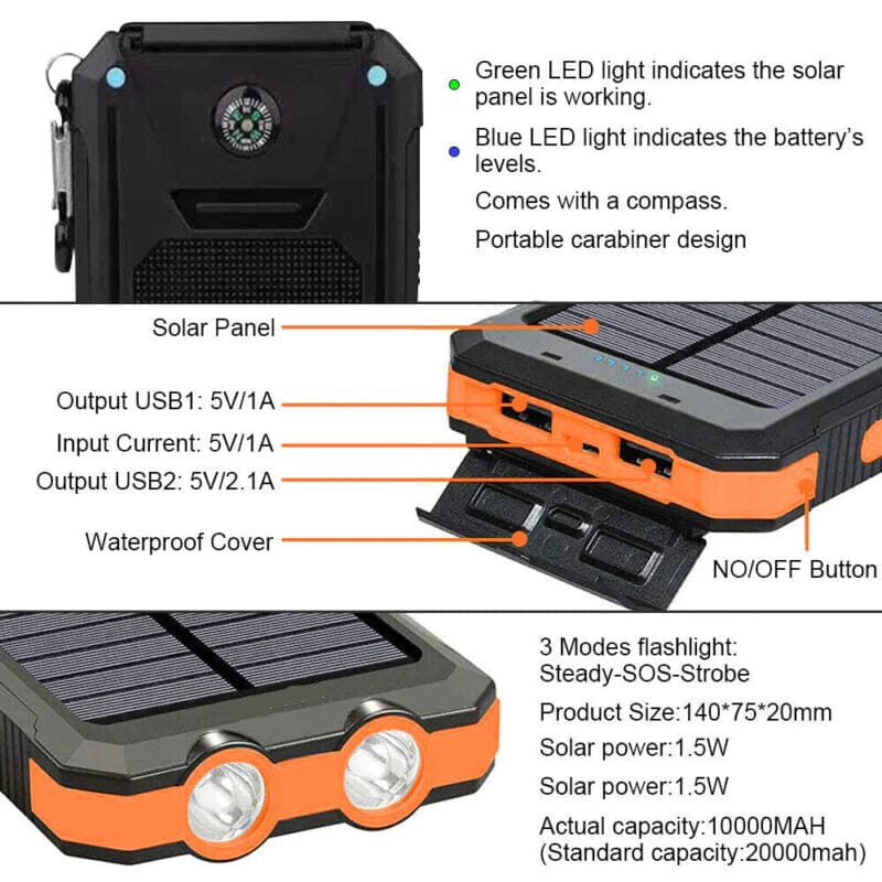 SMAXPro™ Portable Solar Power Bank: 10000mAH, USB Ports, Compass, Cell Phone Charger power bank SMAXPro™ 