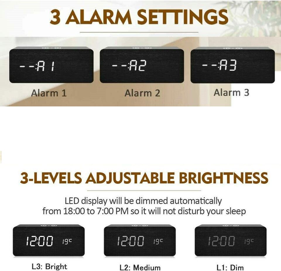 SMAXPro™ Wood Digital LED Alarm Clock + Qi Wireless Charger: Thermometer, Bamboo Decor alarm clock SMAXPro™ 