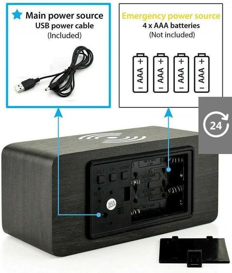 SMAXPro™ Wood Digital LED Alarm Clock + Qi Wireless Charger: Thermometer, Bamboo Decor alarm clock SMAXPro™ 