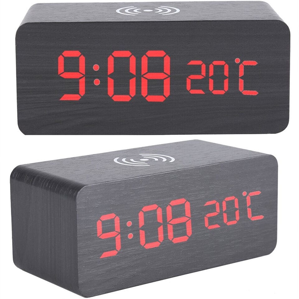 SMAXPro™ Wood Digital LED Alarm Clock + Qi Wireless Charger: Thermometer, Bamboo Decor alarm clock SMAXPro™ Black Red 