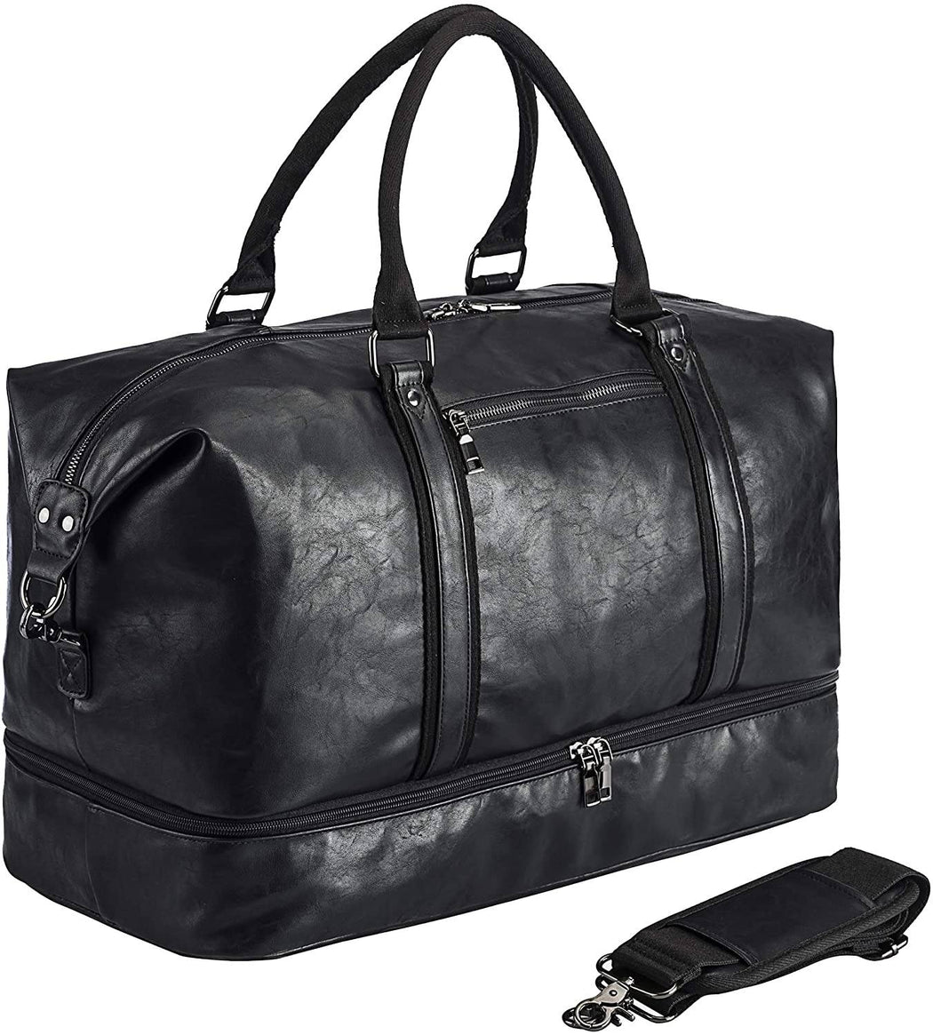 SYFashion™ Men's Vintage Large Leather Travel Duffle Weekend Bag w/ Shoe Storage Duffle Travel Bag SYFashion™ Black 