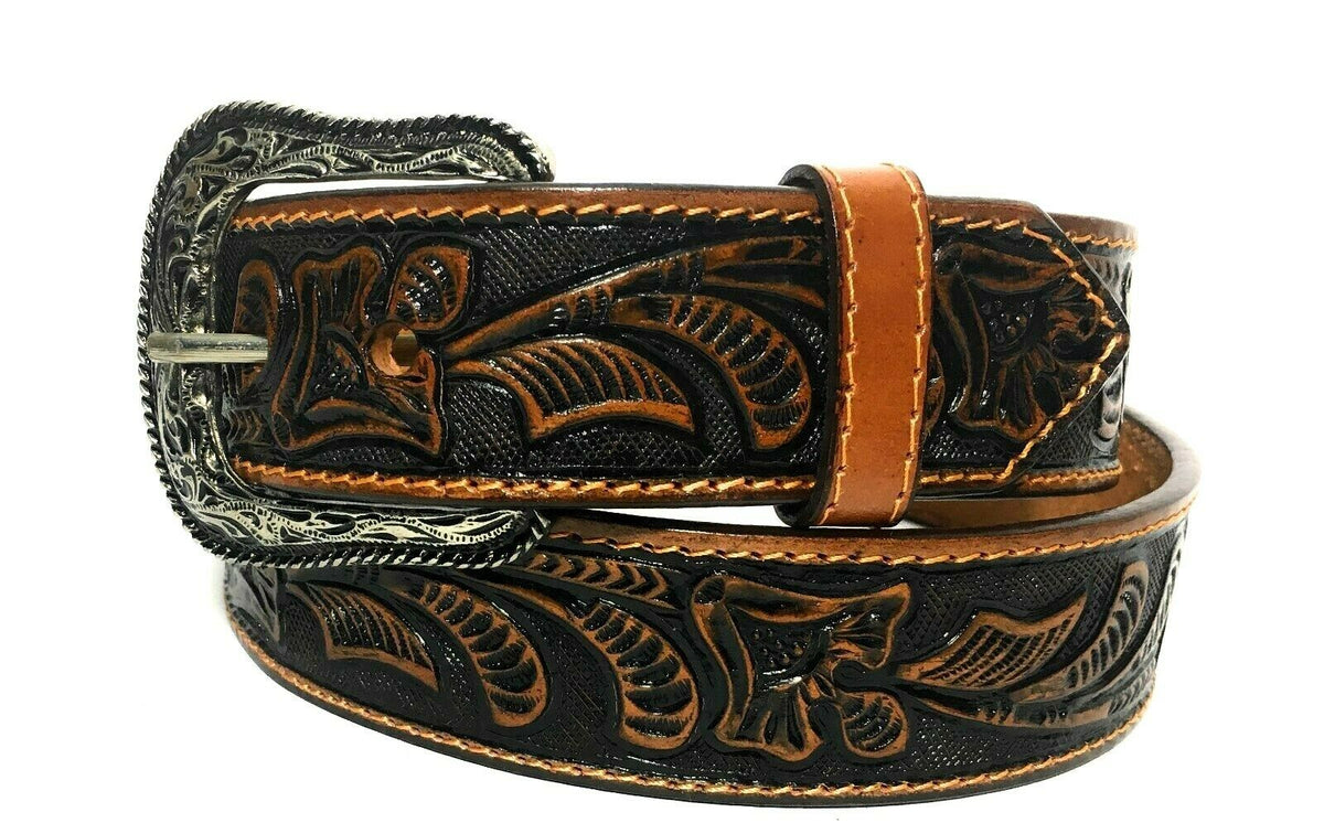 MRoyale™ Embossed Western Leather Belt | Floral Tulip, Cowboy Rodeo, 4 Colors mens belts MRoyale™ Caramel 32 