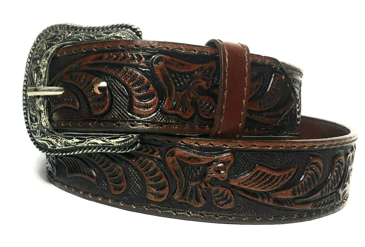 MRoyale™ Embossed Western Leather Belt | Floral Tulip, Cowboy Rodeo, 4 Colors mens belts MRoyale™ Dark Brown 32 