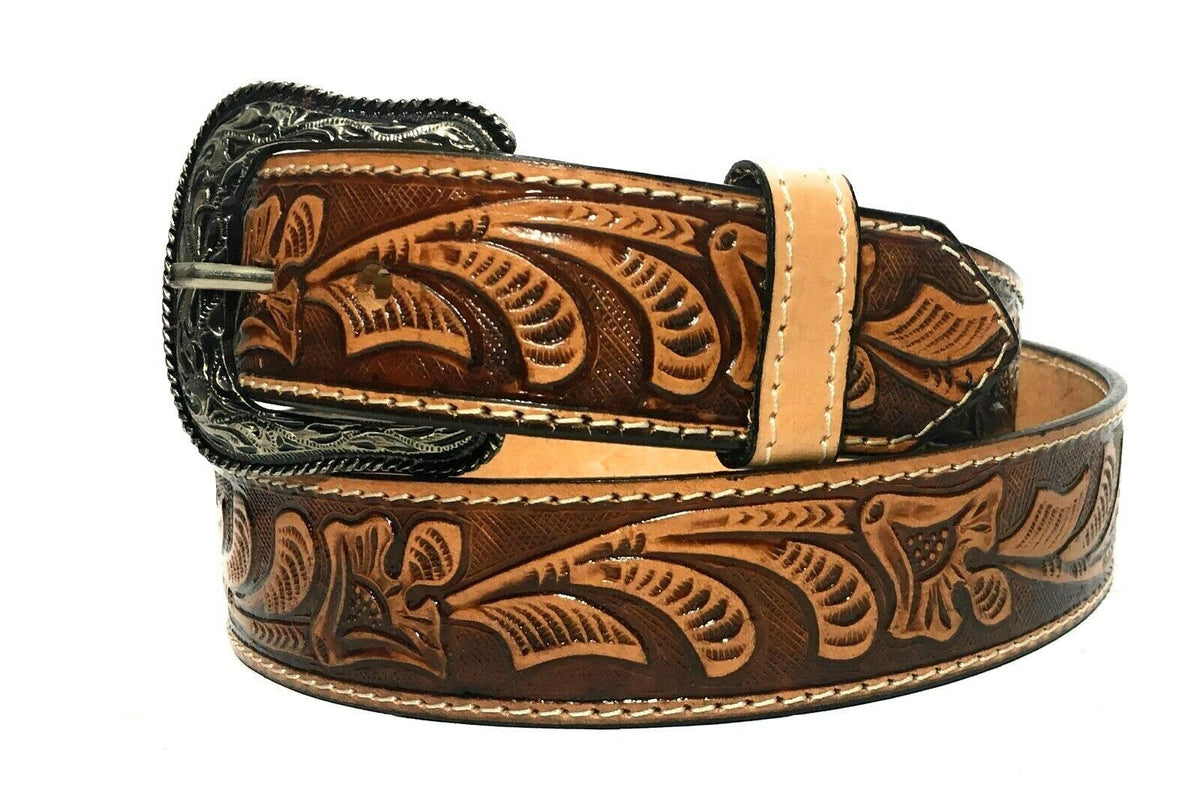 MRoyale™ Embossed Western Leather Belt | Floral Tulip, Cowboy Rodeo, 4 Colors mens belts MRoyale™ Tan 34 
